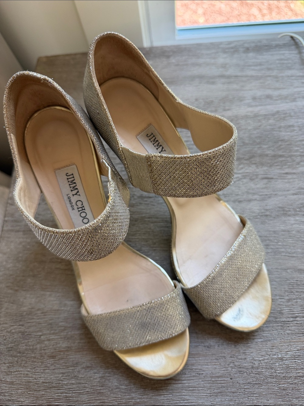 Jimmy Choo Metallic Gold Open-Toe Strap Heels